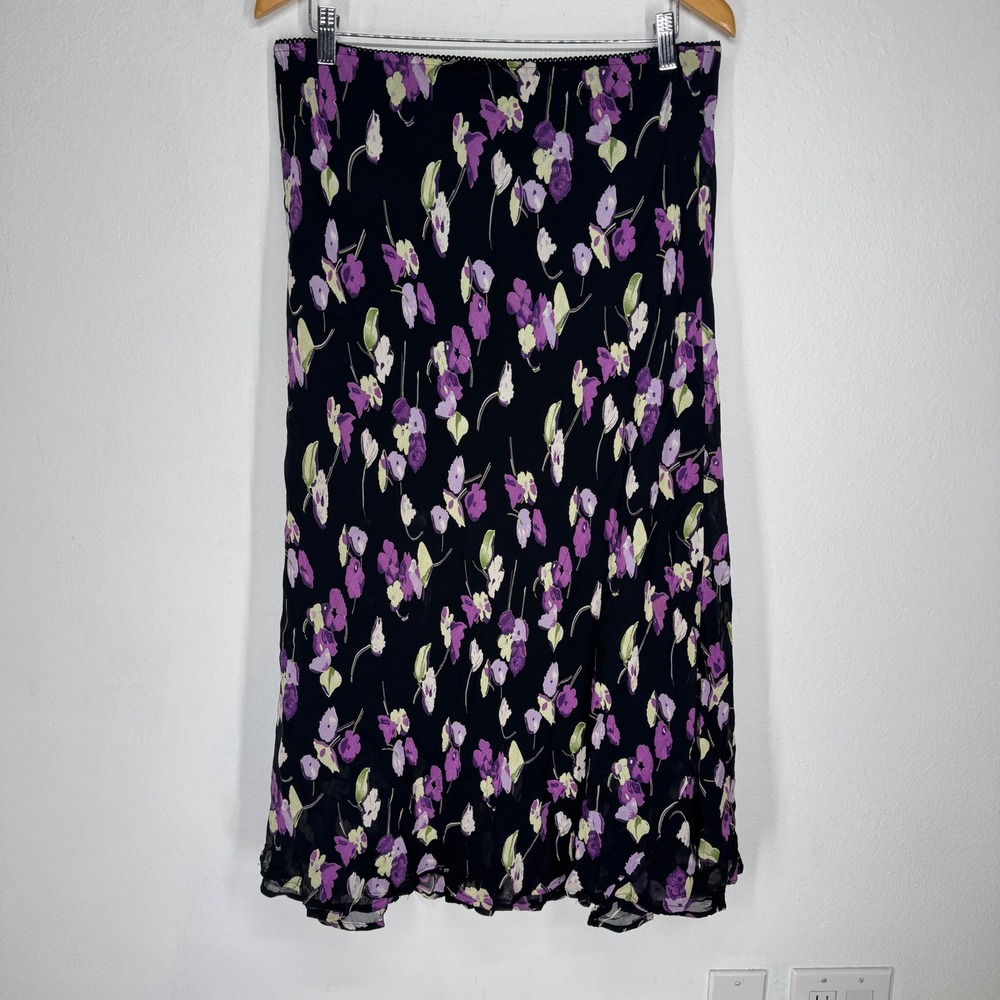 Style Co Womens Plus 18 Floral Midi Slip Skirt Black Purple Lace Trim Rayon 90s
